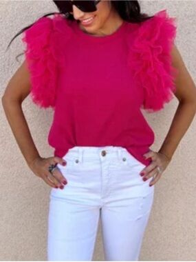 Queen of Sparkles Tulle Sleeve Ruffle Top Pink Size XL NWT